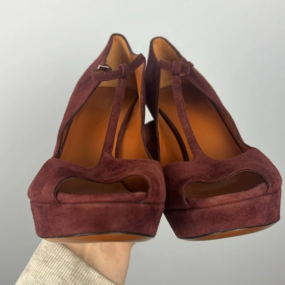 Gucci Betty classic t-strap burgundy high heel suede leather shoes size 40.5